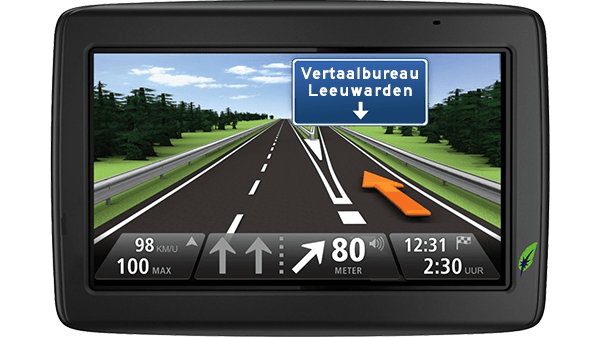 Vertaalbureau in Leeuwarden - Goed op weg met Vertaalbureau Dagnall Screenshot navigatiesysteem met tekst Vertaalbureau Leeuwarden aangegeven - in kleur op transparante achtergrond - 600 * 337 pixels
